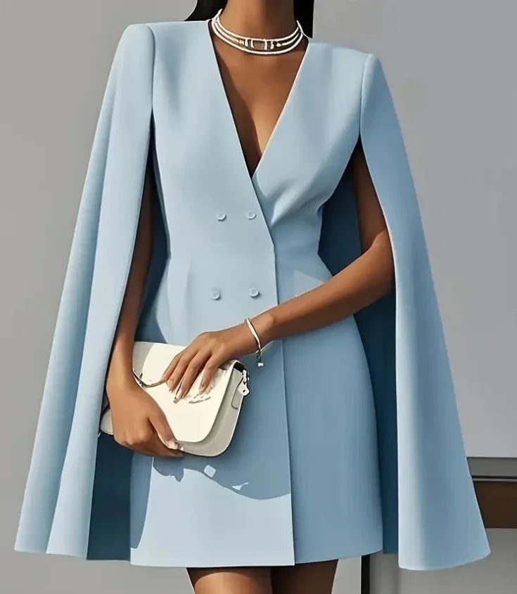 Women's V-Neck Double-Breasted Cape Sleeve Short Blazer Dress