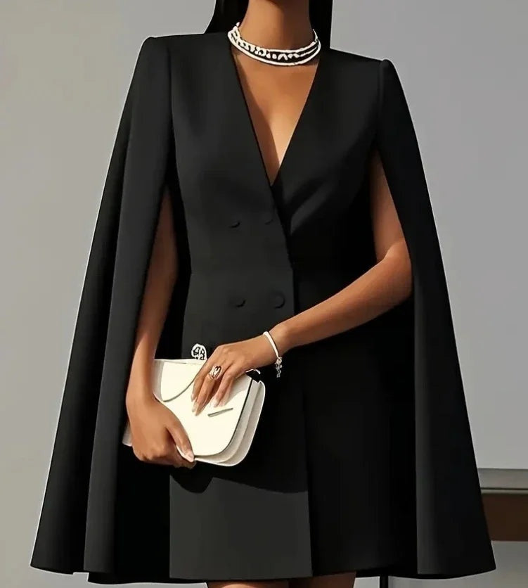 Women's V-Neck Double-Breasted Cape Sleeve Short Blazer Dress