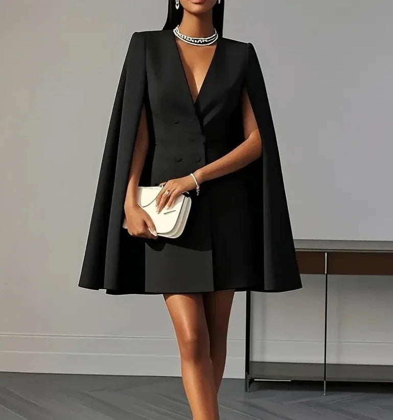 Vestido Blazer Corto Manga Capa Mujer Escote V Doble Botonadura