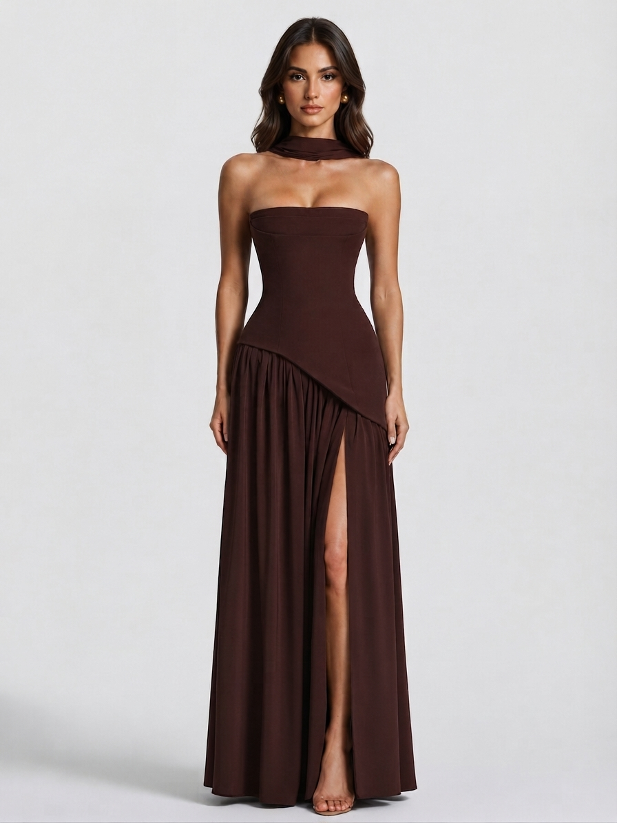 Vestido Largo de Noche Drapeado Mujer Corsé Abertura Lateral