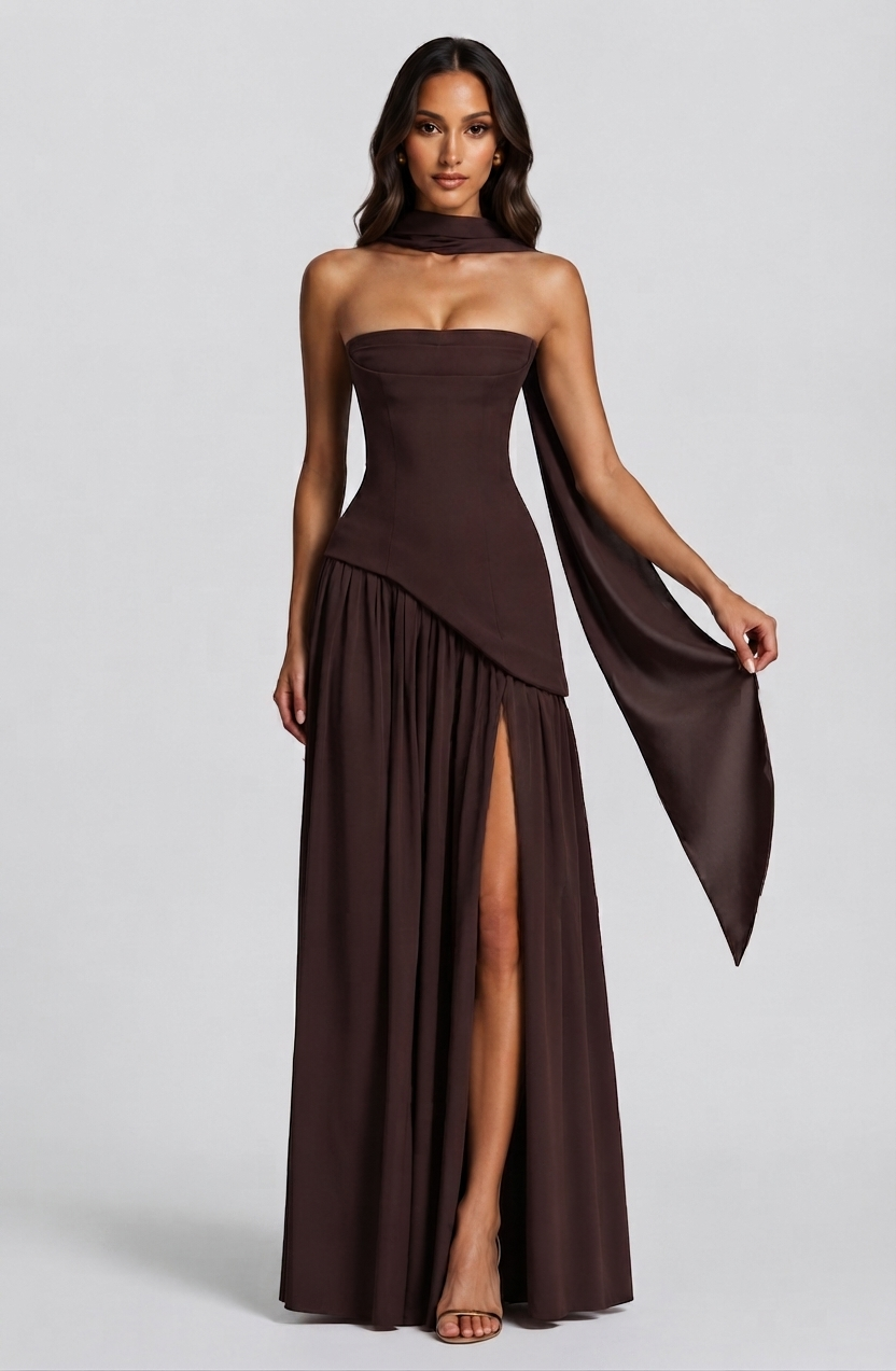Vestido Largo de Noche Drapeado Mujer Corsé Abertura Lateral
