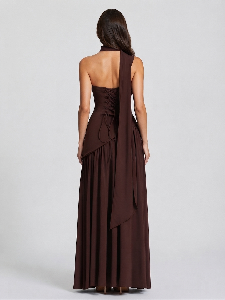 Women's Draped Corset Evening Maxi Dress with Side Slit