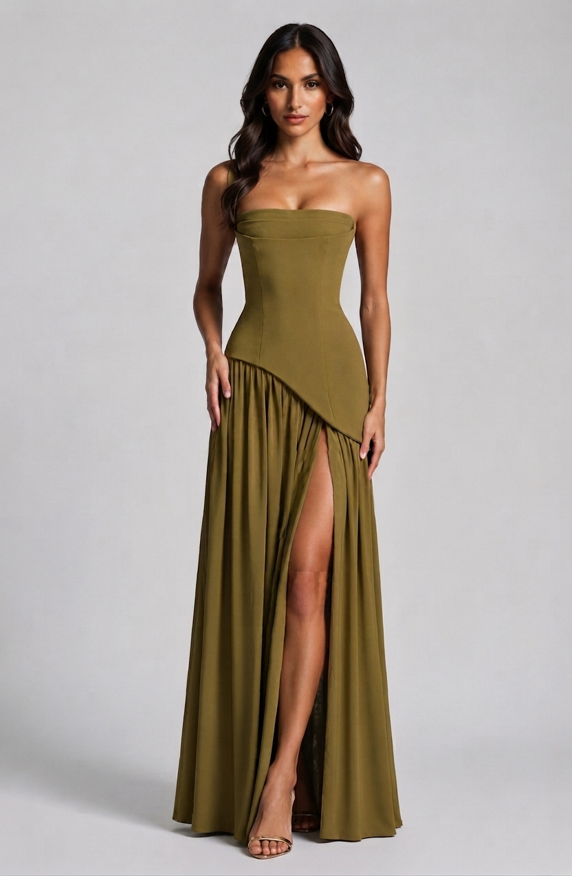 Women's Draped Corset Evening Maxi Dress with Side Slit