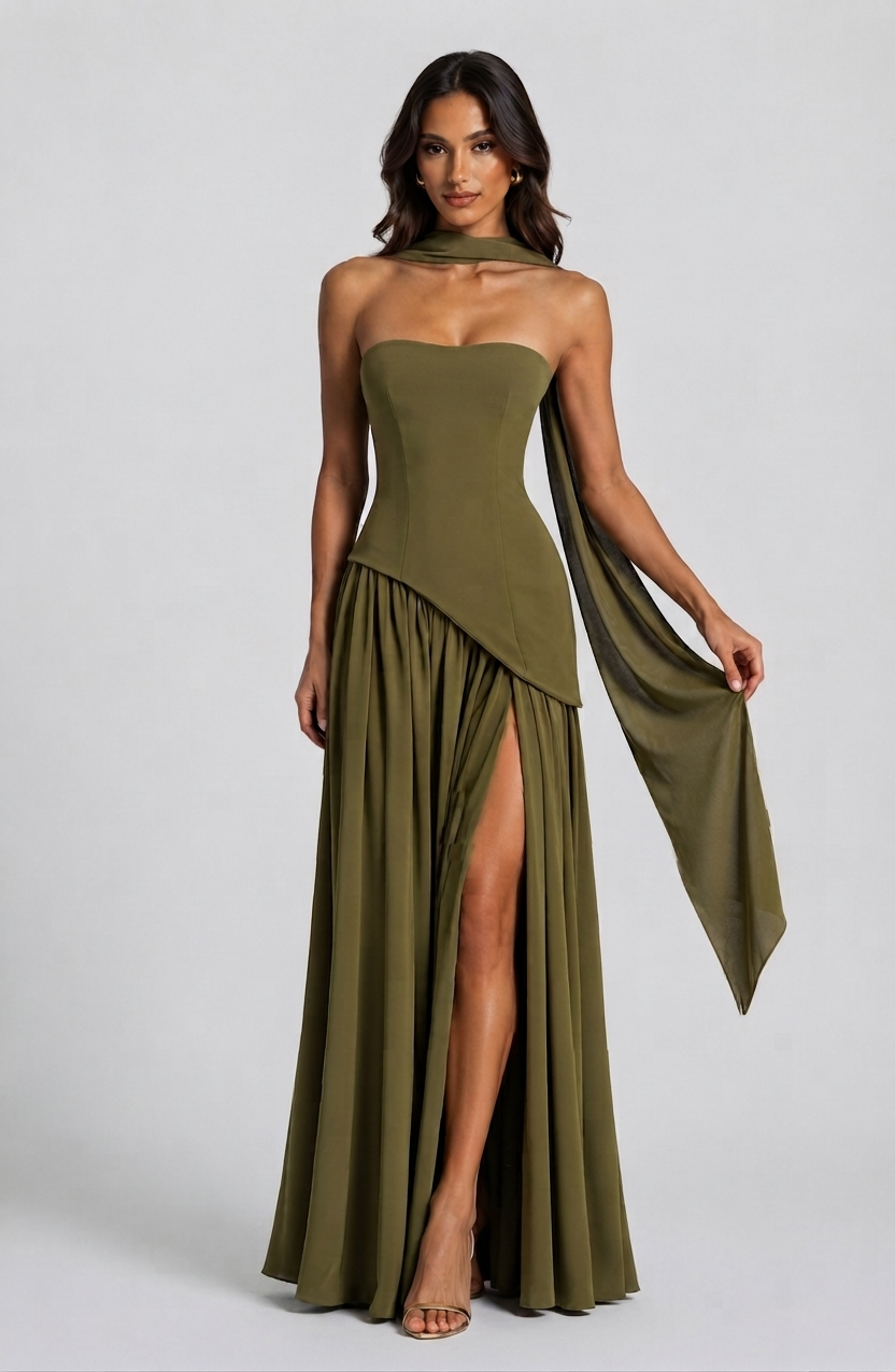 Vestido Largo de Noche Drapeado Mujer Corsé Abertura Lateral