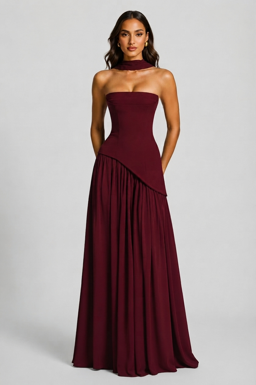 Women's Draped Corset Evening Maxi Dress with Side Slit