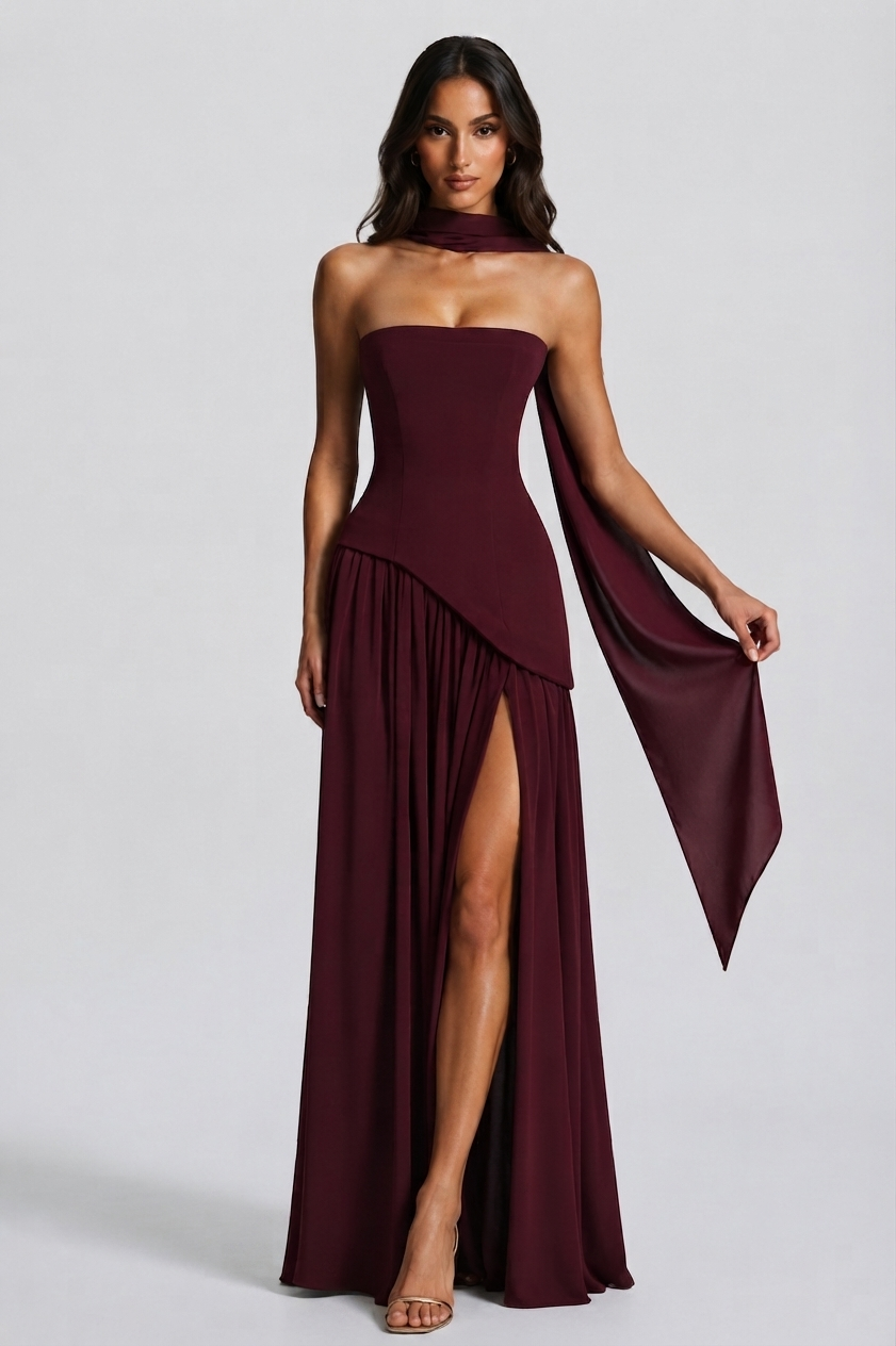 Vestido Largo de Noche Drapeado Mujer Corsé Abertura Lateral