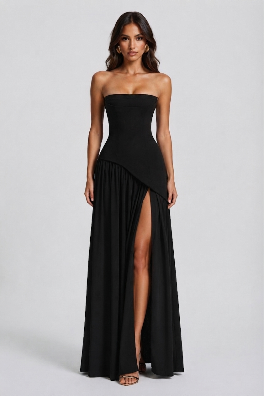 Women's Draped Corset Evening Maxi Dress with Side Slit