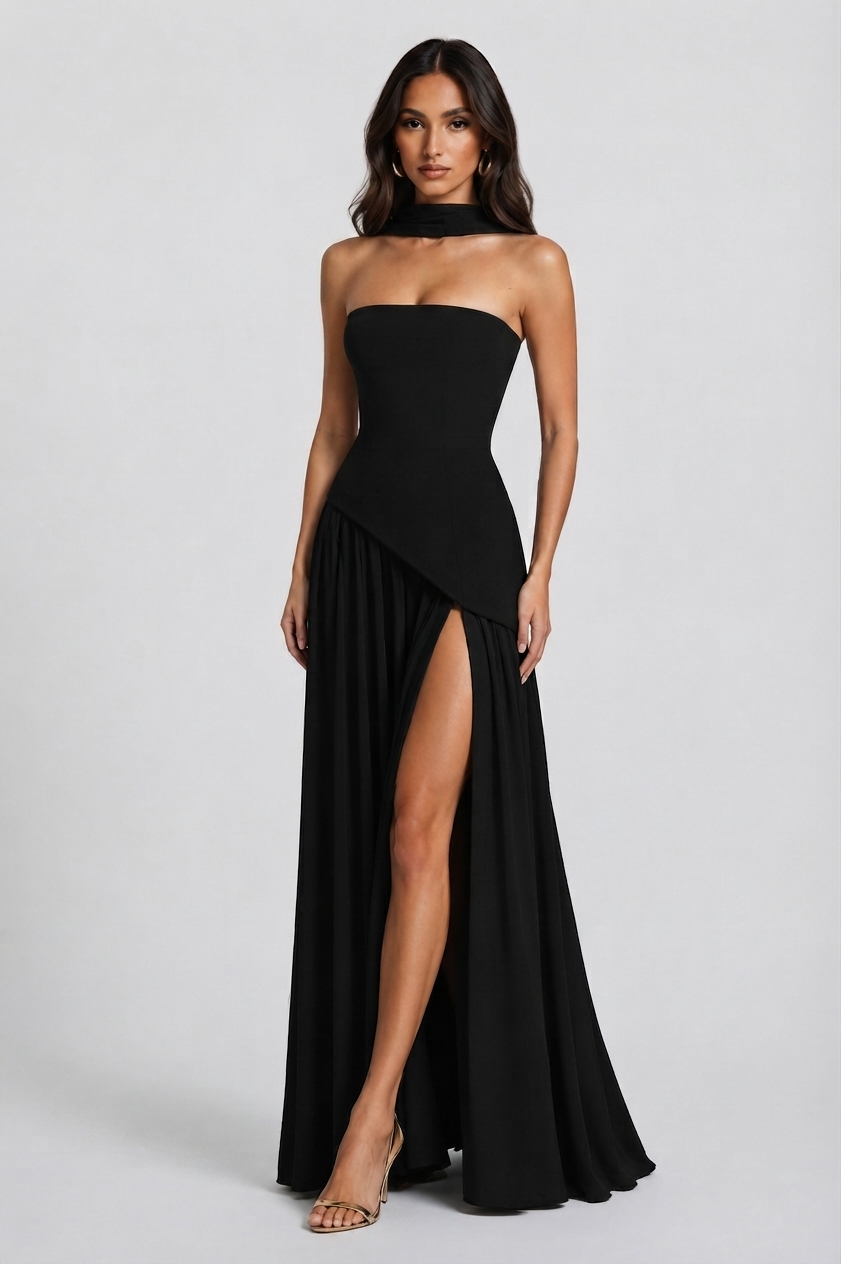 Vestido Largo de Noche Drapeado Mujer Corsé Abertura Lateral