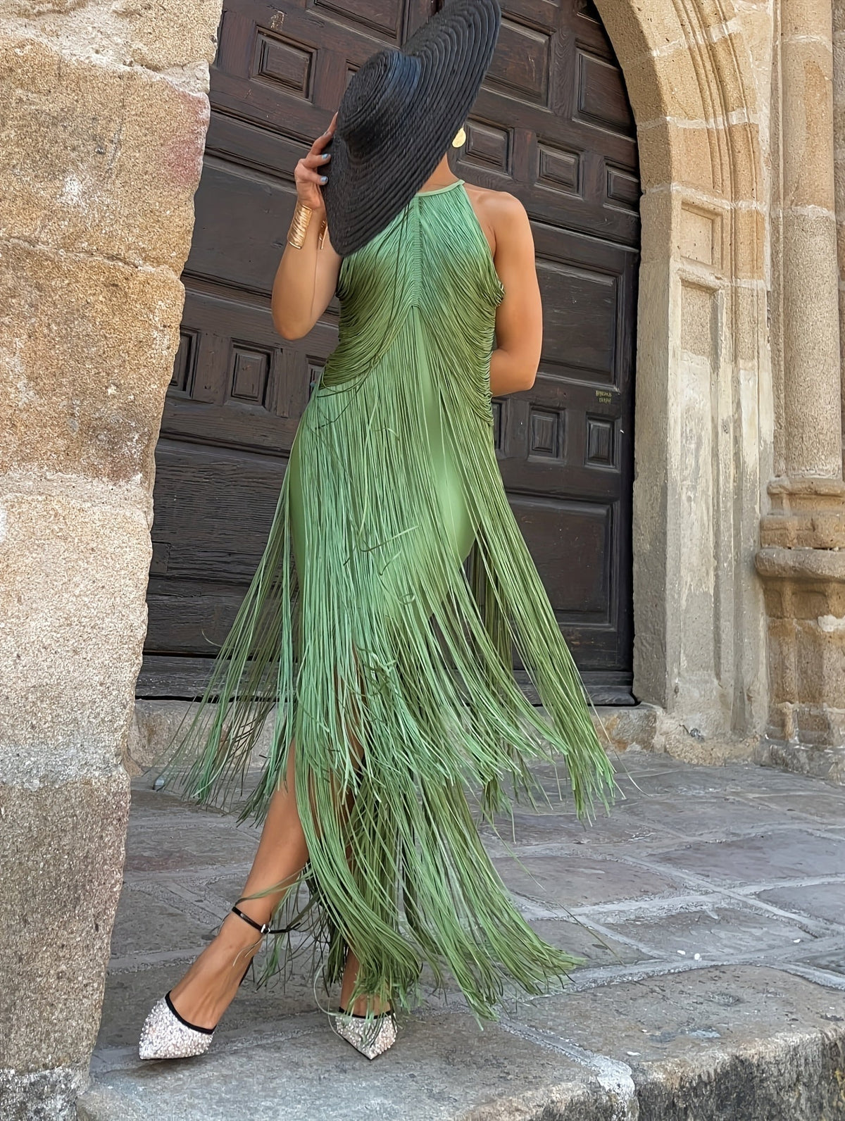 Women's Halter Neck Long Fringe Party Dress